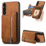 For Sony Xperia 1 V Retro MagSafe Zipper Wallet Card Bag Back Phone Case(Brown)