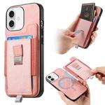 For iPhone 16 Retro Magsafe Cross Leather Pull-Out Card Bag Back Phone Case(Pink)