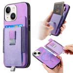 For iPhone 15 Plus Retro Magsafe Cross Leather Pull-Out Card Bag Back Phone Case(Purple)