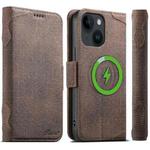 For iPhone 13 Suteni J07 Multi-functional Horizontal MagSafe Denim Leather Phone Case(Brown)