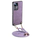 For Xiaomi 12T Pro Vintage Leather PC Back Cover Phone Case with Crossbody Strap(Purple)