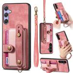 For Samsung Galaxy S25 5G Retro Cross Wristband Wallet Leather Back Phone Case(Pink)