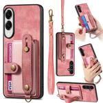 For Samsung Galaxy S25 Edge 5G Retro Cross Wristband Wallet Leather Back Phone Case(Pink)