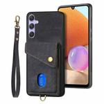 For Samsung Galaxy S25+ 5G Retro Card Wallet Fold Leather Phone Case with Strap(Black)