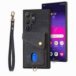 For Samsung Galaxy S25 Ultra 5G Retro Card Wallet Fold Leather Phone Case with Strap(Black)