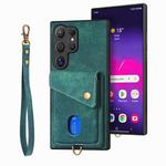 For Samsung Galaxy S25 Ultra 5G Retro Card Wallet Fold Leather Phone Case with Strap(Green)