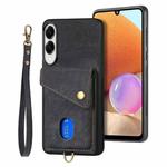 For Samsung Galaxy S25 Edge 5G Retro Card Wallet Fold Leather Phone Case with Strap(Black)