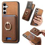 For Samsung Galaxy S25 5G Retro Cross Leather Ring Vertical Insert Card Bag MagSafe Phone Case(Brown)