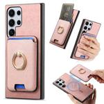 For Samsung Galaxy S25 Ultra 5G Retro Cross Leather Ring Vertical Insert Card Bag MagSafe Phone Case(Pink)