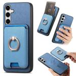 For Samsung Galaxy S24 5G Retro Cross Leather Ring Vertical Insert Card Bag MagSafe Phone Case(Blue)