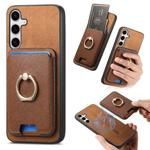 For Samsung Galaxy S24 5G Retro Cross Leather Ring Vertical Insert Card Bag MagSafe Phone Case(Brown)