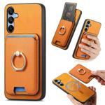 For Samsung Galaxy A25 Retro Cross Leather Ring Vertical Insert Card Bag MagSafe Phone Case(Yellow)