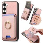 For Samsung Galaxy S23+ 5G Retro Cross Leather Ring Vertical Insert Card Bag MagSafe Phone Case(Pink)
