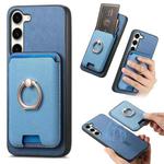 For Samsung Galaxy S23 5G Retro Cross Leather Ring Vertical Insert Card Bag MagSafe Phone Case(Blue)