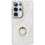 For Samsung Galaxy S23 Ultra 5G Electroplated Marble Texture Ring Holder Phone Case(White S8)