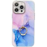 For iPhone 16 Pro Max Electroplated Marble Texture Ring Holder Phone Case(Purple Blue S18)