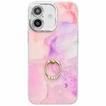 For iPhone 16 Plus Electroplated Marble Texture Ring Holder Phone Case(Pink Purple S4)