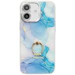 For iPhone 16 Plus Electroplated Marble Texture Ring Holder Phone Case(Blue Green S9)