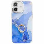 For iPhone 16 Electroplated Marble Texture Ring Holder Phone Case(Dark Blue S16)