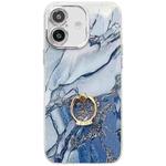 For iPhone 16 Electroplated Marble Texture Ring Holder Phone Case(Navy Blue S17)