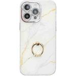 For iPhone 15 Pro Electroplated Marble Texture Ring Holder Phone Case(Gold White S1)