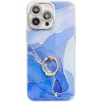 For iPhone 15 Pro Electroplated Marble Texture Ring Holder Phone Case(Dark Blue S16)