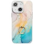 For iPhone 15 Electroplated Marble Texture Ring Holder Phone Case(Yellow Green S13)