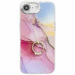 For iPhone 16e Electroplated Marble Texture Ring Holder Phone Case(Gold Pink Red S12)