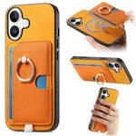 For iPhone 16 Plus Retro Cross Leather Ring Side Insert Card Bag MagSafe Phone Case(Yellow)