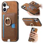 For iPhone 16 Plus Retro Cross Leather Ring Side Insert Card Bag MagSafe Phone Case(Brown)