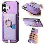 For iPhone 16 Retro Cross Leather Ring Side Insert Card Bag MagSafe Phone Case(Purple)