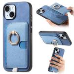 For iPhone 15 Plus Retro Cross Leather Ring Side Insert Card Bag MagSafe Phone Case(Blue)