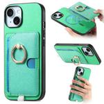 For iPhone 15 Retro Cross Leather Ring Side Insert Card Bag MagSafe Phone Case(Green)