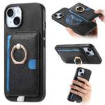 For iPhone 15 Retro Cross Leather Ring Side Insert Card Bag MagSafe Phone Case(Black)