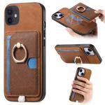 For iPhone 11 Retro Cross Leather Ring Side Insert Card Bag MagSafe Phone Case(Brown)