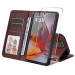 For Motorola Moto G75 ENKAY Card Wallet Calf Texture Leather Phone Case with Screen Film(Brown)