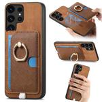For Samsung Galaxy S25 Ultra 5G Retro Cross Leather Ring Side Insert Card Bag MagSafe Phone Case(Brown)