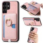 For Samsung Galaxy S23 Ultra 5G Retro Cross Leather Ring Side Insert Card Bag MagSafe Phone Case(Pink)