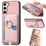 For Samsung Galaxy S23 5G Retro Cross Leather Ring Side Insert Card Bag MagSafe Phone Case(Pink)