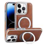 For iPhone 14 Pro Max Plated Leather Grain Rotation MagSafe Holder Phone Case(Brown)