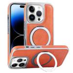 For iPhone 14 Pro Max Plated Leather Grain Rotation MagSafe Holder Phone Case(Orange)