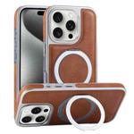 For iPhone 15 Pro Plated Leather Grain Rotation MagSafe Holder Phone Case(Brown)