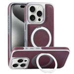 For iPhone 15 Pro Max Plated Leather Grain Rotation MagSafe Holder Phone Case(Dark Red)