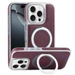 For iPhone 16 Pro Max Plated Leather Grain Rotation MagSafe Holder Phone Case(Dark Red)