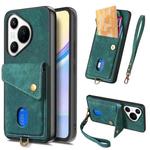 For Huawei Pura 70 Retro Card Wallet Fold Leather Phone Case with Strap(Green)