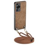 For Huawei P60 Pro Vintage Leather PC Back Cover Phone Case with Crossbody Strap(Brown)