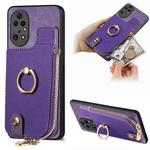 For Huawei P50 Pro Cross Leather Ring Vertical Zipper Wallet Back Phone Case(Purple)