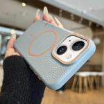 For iPhone 15 Plus Orange Ring MagSafe Litchi Grain TPU Phone Case(Blue)