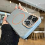 For iPhone 15 Pro Max Orange Ring MagSafe Litchi Grain TPU Phone Case(Blue)