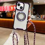 For iPhone 14 Traveler Crossbody Lanyard MagSafe Four-corner TPU Clear Phone Case(Purple)